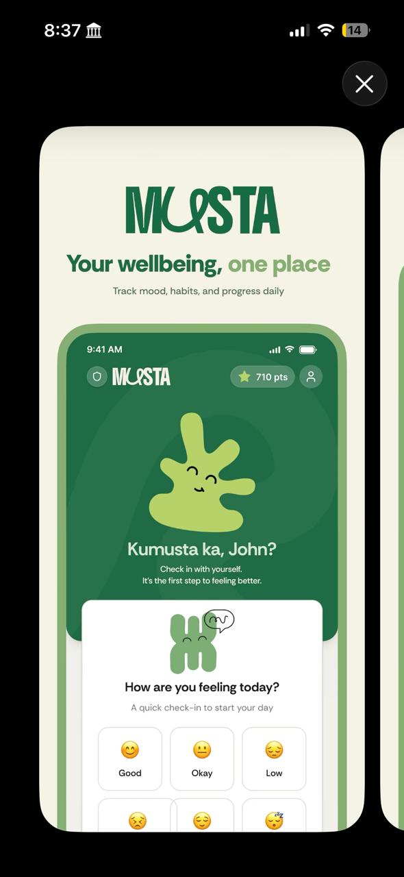 MUSTA app home screen: Kumusta ka, John? Mood check-in and daily wellbeing